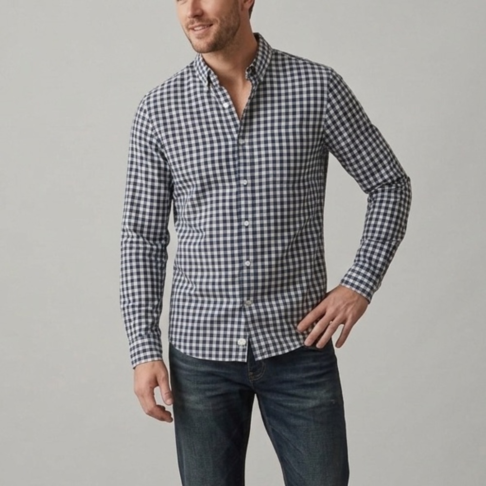 Lucky Brand Mens White Label Fit Navy Blue Gingham Long Sleeve Button Down Shirt
